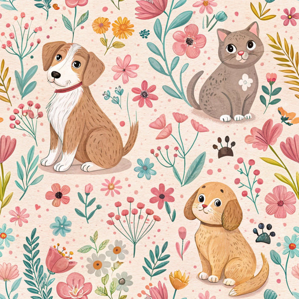 pink flowers, brown dog, gray cat, golden puppy, floral pattern, pet themed,, fabric panel, pastel colors, coral pink, teal green, yellow flowers, paw prints, cute animals, botanical elements, spring blooms, whimsical illustration, pet lovers, children's fabric, soft palette