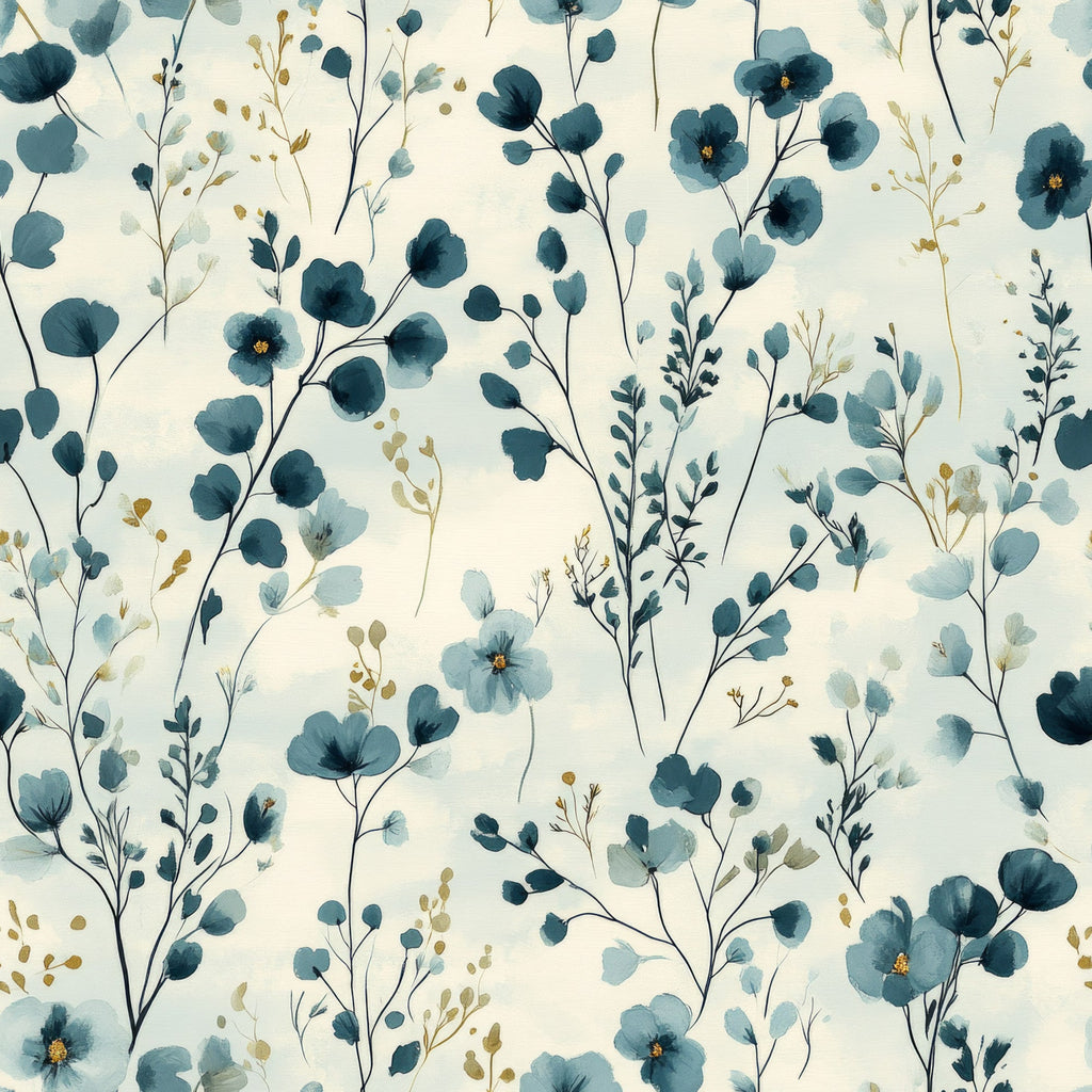 cornflower blue, cream background, watercolor florals, botanical pattern, delicate flowers, navy blue, teal, golden accents, soft petals, organic stems, nature inspired,, fabric panel, feminine design, flowing branches, hand painted style, pastel blues, floral motifs, cottage garden, romantic mood