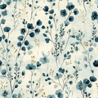 cornflower blue, cream background, watercolor florals, botanical pattern, delicate flowers, navy blue, teal, golden accents, soft petals, organic stems, nature inspired,, fabric panel, feminine design, flowing branches, hand painted style, pastel blues, floral motifs, cottage garden, romantic mood