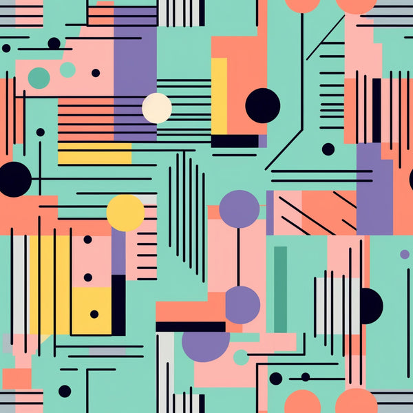 mint green, coral pink, purple, yellow, black, white, geometric shapes, circles, lines, rectangles, abstract pattern, modern art, retro style, groovy design, boho aesthetic, hippie vibes,, fabric panel, contemporary mood, artistic blocks