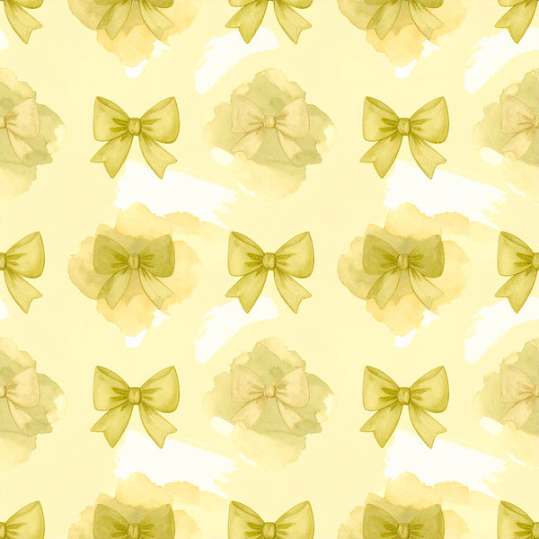 pale yellow, soft yellow, chartreuse, sage green, olive green, bows, ribbons, delicate bows, watercolor, pastel, floral, whimsical, feminine, elegant, spring, nursery, baby girl, soft aesthetic, vintage, romantic, decorative bows, nature-inspired, gentle, soothing, dreamy, sweet, charming