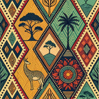 african tribal, geometric diamonds, earthy orange, forest green, warm yellow, acacia trees, palm trees, leopard silhouette, mandala flower, chevron patterns, zigzag borders, dotted lines, nature motifs, tribal art, ethnic style,, fabric panel, savanna theme, wildlife design, diamond shapes