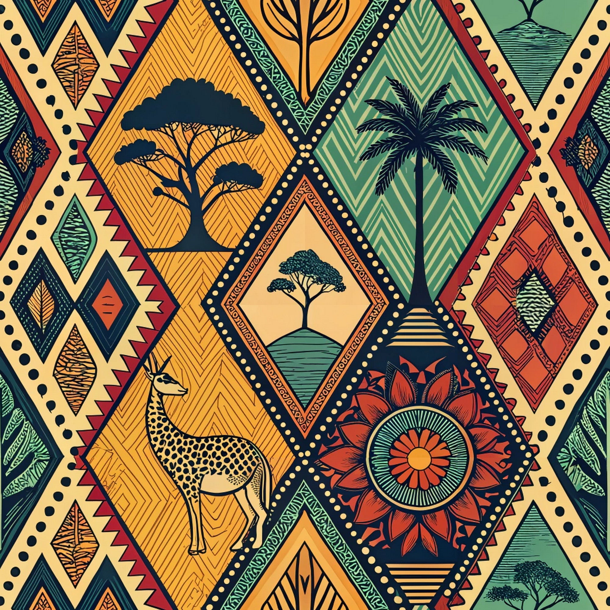 african tribal, geometric diamonds, earthy orange, forest green, warm yellow, acacia trees, palm trees, leopard silhouette, mandala flower, chevron patterns, zigzag borders, dotted lines, nature motifs, tribal art, ethnic style,, fabric panel, savanna theme, wildlife design, diamond shapes