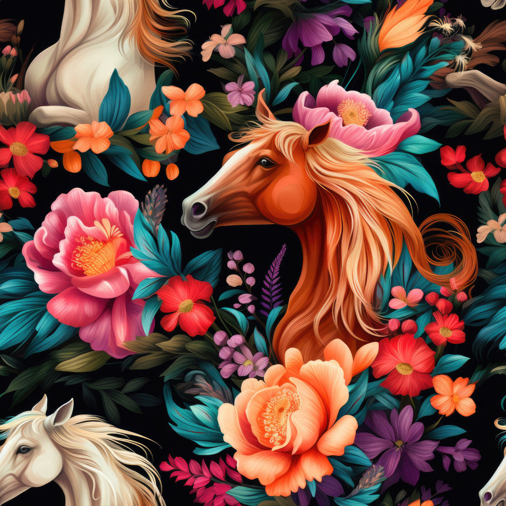 horse fabric, floral pattern, colorful flowers, coral pink, burnt orange, teal blue, forest green, deep purple, cream white, vibrant colors, whimsical style, nature theme, animal motif, horse design, botanical print, peonies, daisies, wildflowers, spring colors, summer vibes, playroom decor, kids room fabric, bohemian style, vintage floral, magical theme, enchanted forest, feminine design, decorative panel, colorful woodland, fantasy animals
