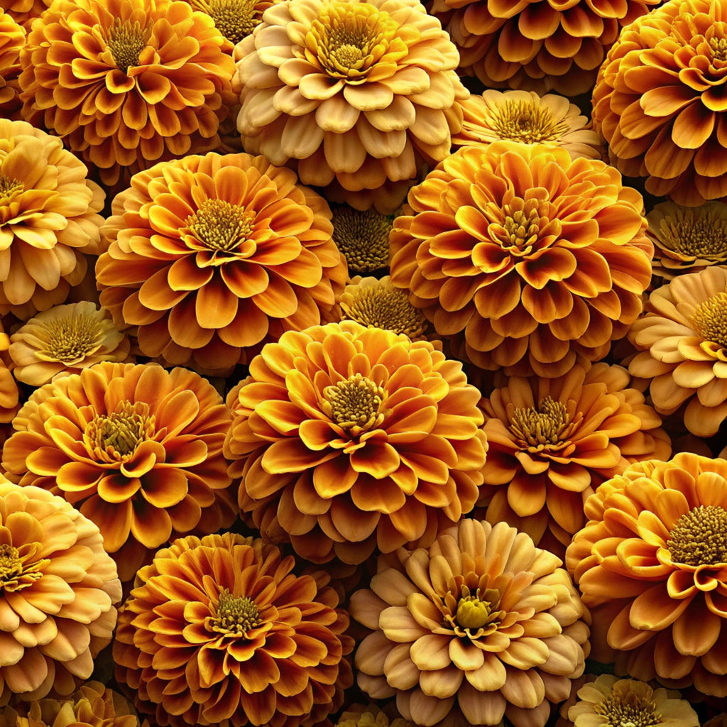 golden yellow, amber, orange, bronze, realistic flowers, zinnias, dahlia blooms, layered petals, detailed centers, botanical pattern, autumn colors, warm tones, photographic style,, fabric panel, fall flowers, overlapping blooms, dimensional appearance, harvest colors, floral design