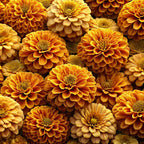 golden yellow, amber, orange, bronze, realistic flowers, zinnias, dahlia blooms, layered petals, detailed centers, botanical pattern, autumn colors, warm tones, photographic style,, fabric panel, fall flowers, overlapping blooms, dimensional appearance, harvest colors, floral design