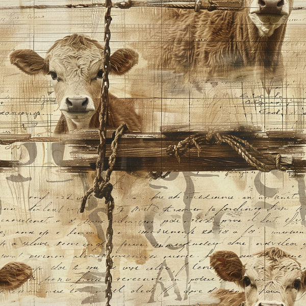 sepia tones, brown, cream, beige, tan, cow faces, cattle, farm animals, rope details, handwritten script, vintage style, rustic charm,, fabric panel, country theme, barn animals, agricultural motif, distressed texture, nostalgic feel, pastoral scene
