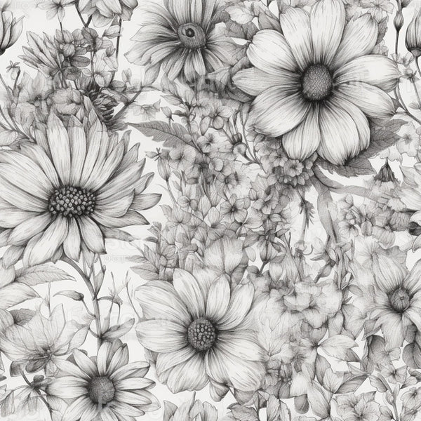 black and white, grayscale, monochrome, floral, botanical, daisy, wildflower, nature, garden, elegant, sophisticated, vintage, romantic, classic, traditional, spring, summer, nature lover, botanical illustration, line drawing, sketch style, detailed, intricate, delicate, feminine, timeless, naturalistic
