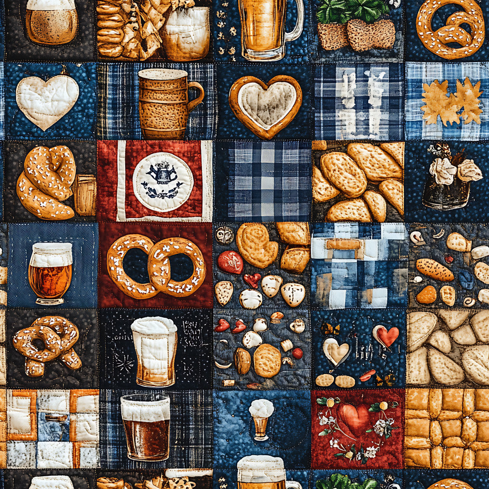 navy blue, cream, golden brown, amber, red, beer, pretzels, bread, biscuits, hearts, mushrooms, bavarian, german, oktoberfest, beer and bread, plaid, checkered, geometric, food themed, vintage, rustic, traditional, european, festival, pub, kitchen, food lover, dining room, cafe, cottage core