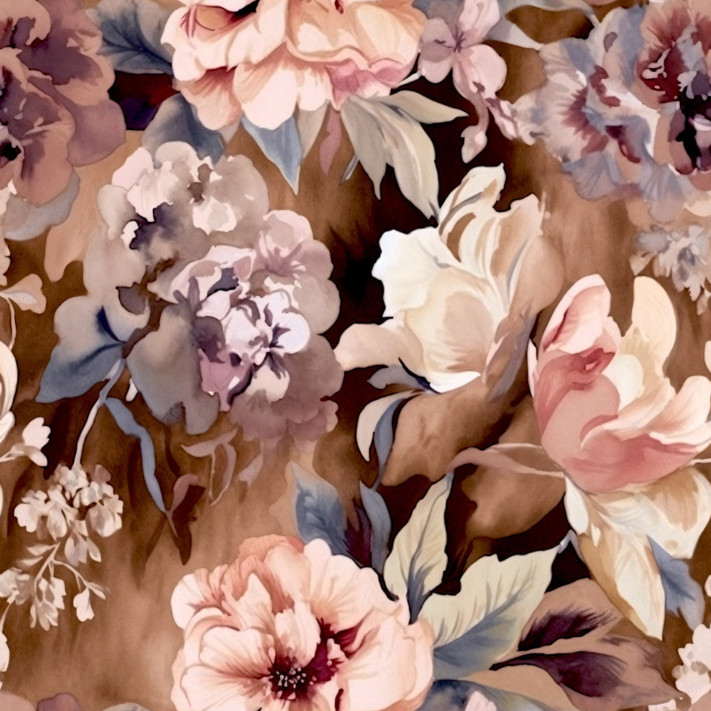 dusty rose, mauve, blush pink, cream, ivory, taupe, bronze, deep plum, navy blue, floral, vintage floral, botanical, roses, peonies, elegant, romantic, traditional, garden, nature, soft, delicate, feminine, spring, summer, timeless, classic, botanical print, layered flowers, full bloom, shabby chic