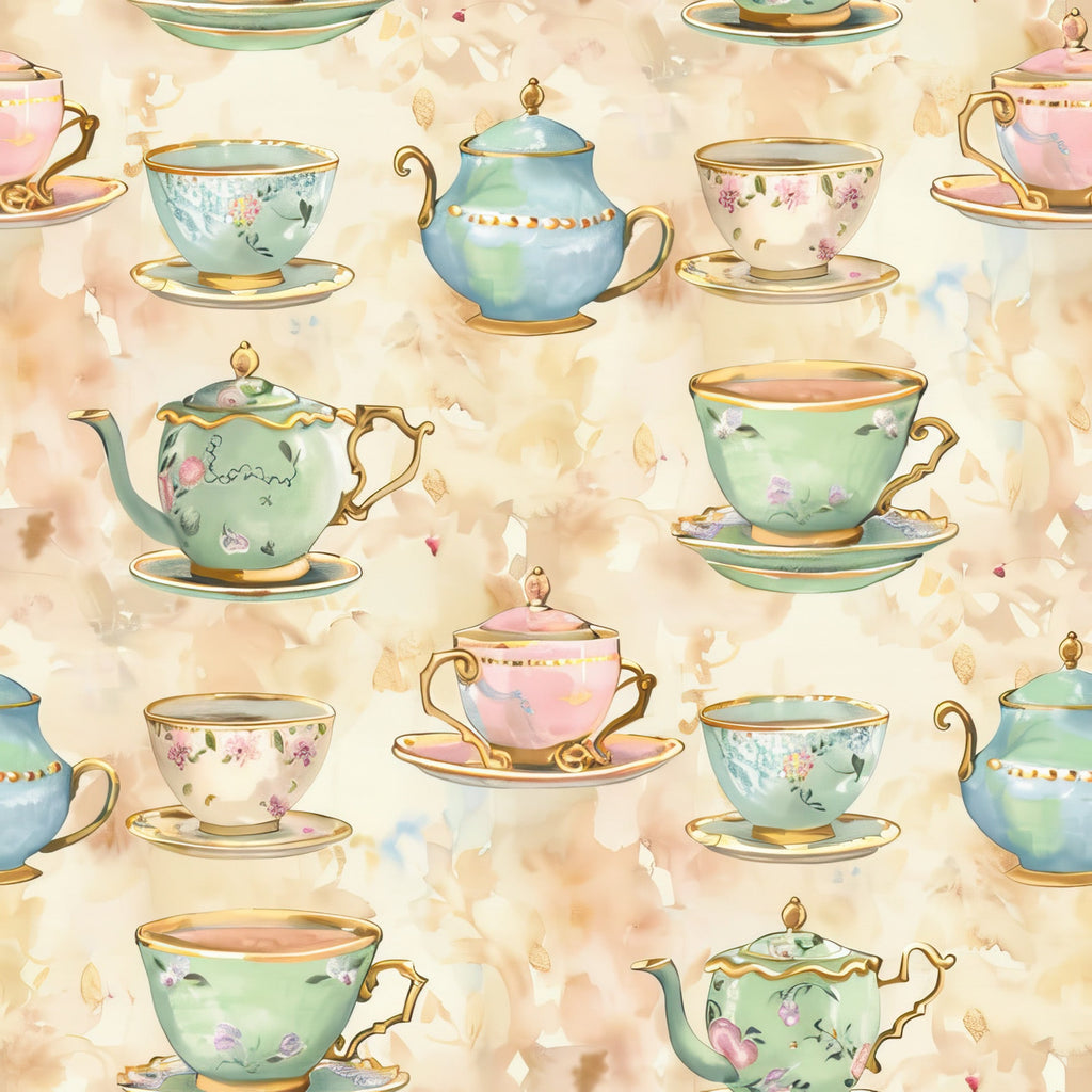 whimsical tea party, vintage teacups, floral teapots, pastel colors, mint green, soft pink, cream background, gold trim, delicate florals, watercolor style,, fabric panel, elegant chinaware, afternoon tea, shabby chic, romantic pattern, cottage core, feminine design, repeating motif