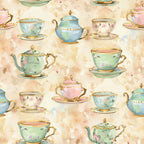 whimsical tea party, vintage teacups, floral teapots, pastel colors, mint green, soft pink, cream background, gold trim, delicate florals, watercolor style,, fabric panel, elegant chinaware, afternoon tea, shabby chic, romantic pattern, cottage core, feminine design, repeating motif