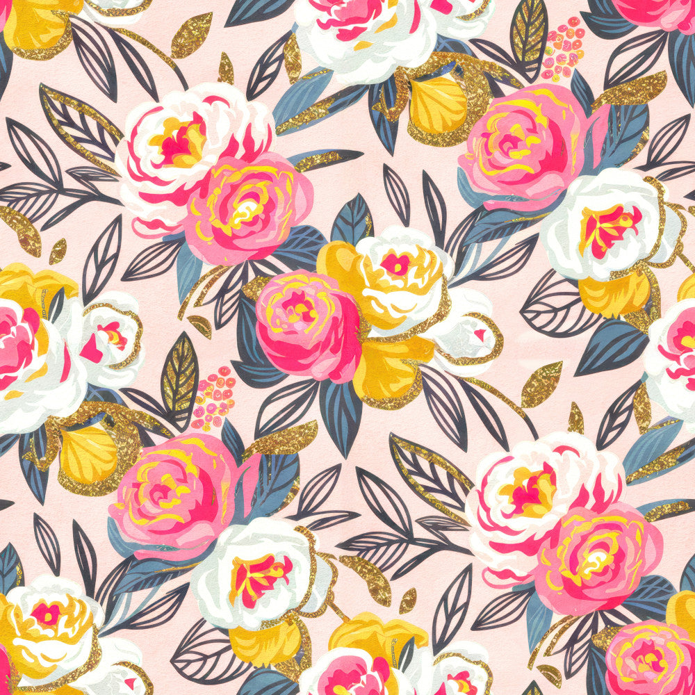 hot pink, magenta, gold, yellow, cream, white, navy blue, teal blue, floral, botanical, roses, peonies, leaves, gold glitter, modern floral, elegant, whimsical, spring, summer, nature, garden flowers, colorful blooms, vibrant, feminine, romantic, decorative florals, nursery, kids room, playroom