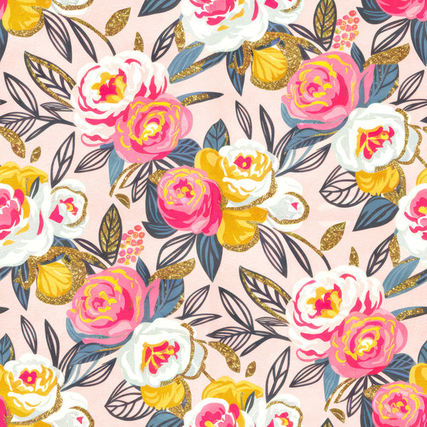 hot pink, magenta, gold, yellow, cream, white, navy blue, teal blue, floral, botanical, roses, peonies, leaves, gold glitter, modern floral, elegant, whimsical, spring, summer, nature, garden flowers, colorful blooms, vibrant, feminine, romantic, decorative florals, nursery, kids room, playroom