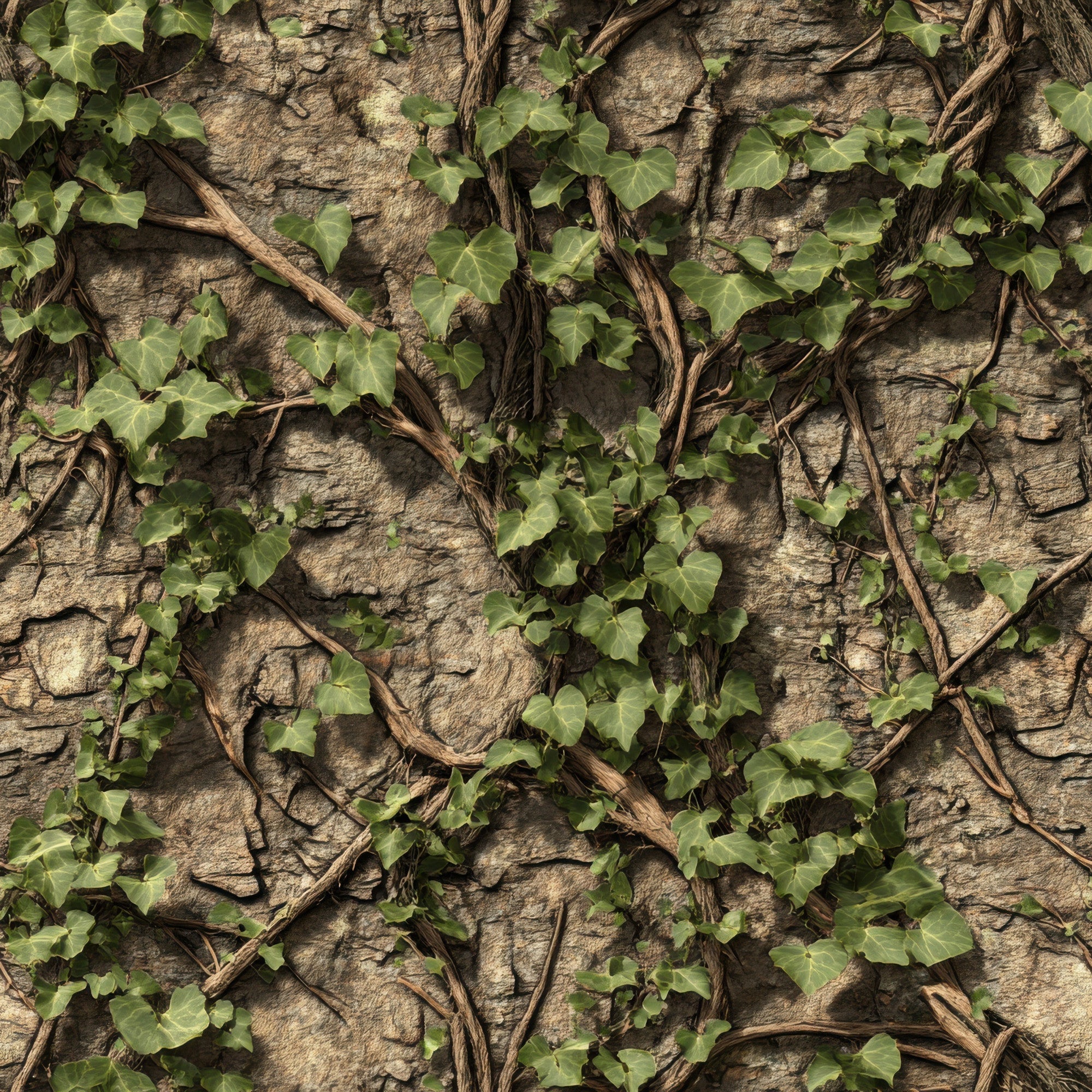 realistic camo, hunting pattern, ivy leaves, tree bark, brown bark, green foliage, woodland camouflage, nature scene, climbing vines, outdoor theme,, fabric panel, earth tones, forest pattern, camouflage print, botanical design, hunting fabric, natural textures, outdoor adventure