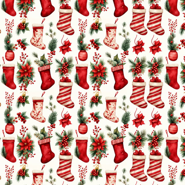 christmas, holiday, red, cream white, festive, stockings, poinsettia, candy cane, pine needles, berries, traditional, seasonal, winter, red and white striped, polka dot, ornaments, bows, holly, red flowers, decorative, classic christmas, vintage holiday, elegant, cheerful, children's, kids room, nursery, christmas morning, festive decor