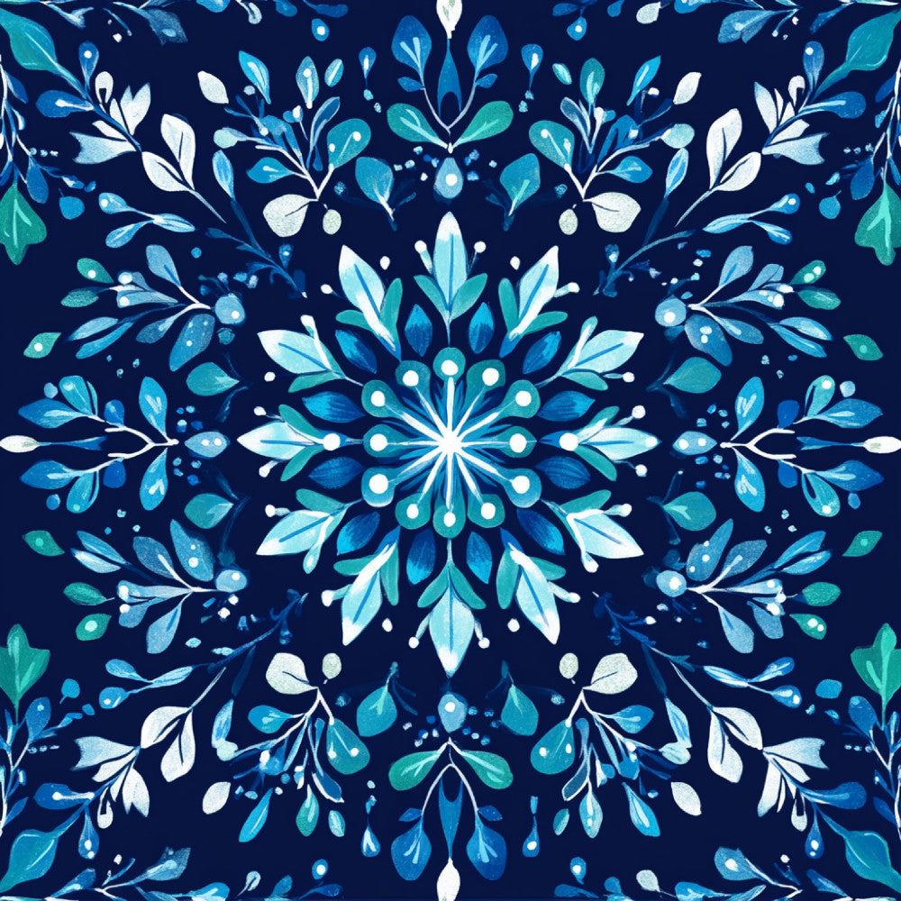 navy blue, turquoise, teal, light blue, white, aqua, winter, snowflake, mandala, geometric, floral, symmetrical, elegant, modern, nature-inspired, celestial, frost, ice crystal, leaves, botanical, sparkle, shimmering, whimsical, magical, frozen, cool tones, star pattern, decorative, holiday, winter wonderland