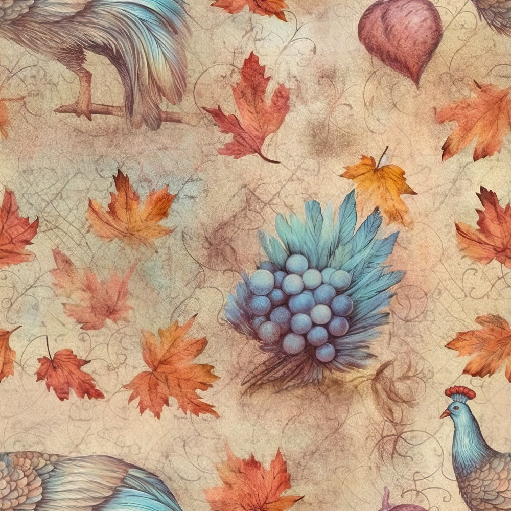 autumn leaves, fall foliage, vintage botanical, peacock, birds, grapes, berries, dusty rose, coral orange, sage green, blue-gray, cream beige, whimsical, vintage style, nature theme, woodland, elegant, rustic, botanical illustration, heart motifs, ornamental scrollwork, autumn harvest, seasonal decor, children's room, nursery, playroom, boy or girl, decorative art, classic vintage, detailed illustration