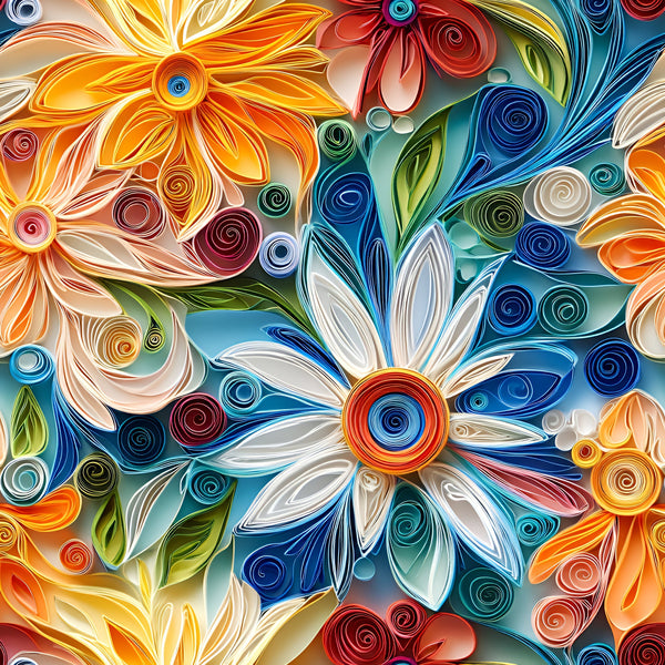abstract floral, paper quilling, swirled petals, orange flowers, white daisy, blue accents, red spirals, green leaves, yellow blooms, colorful swirls, dimensional design, rolled paper art, botanical pattern, vibrant colors,, fabric panel, artistic florals, textured appearance, contemporary style, craft-inspired