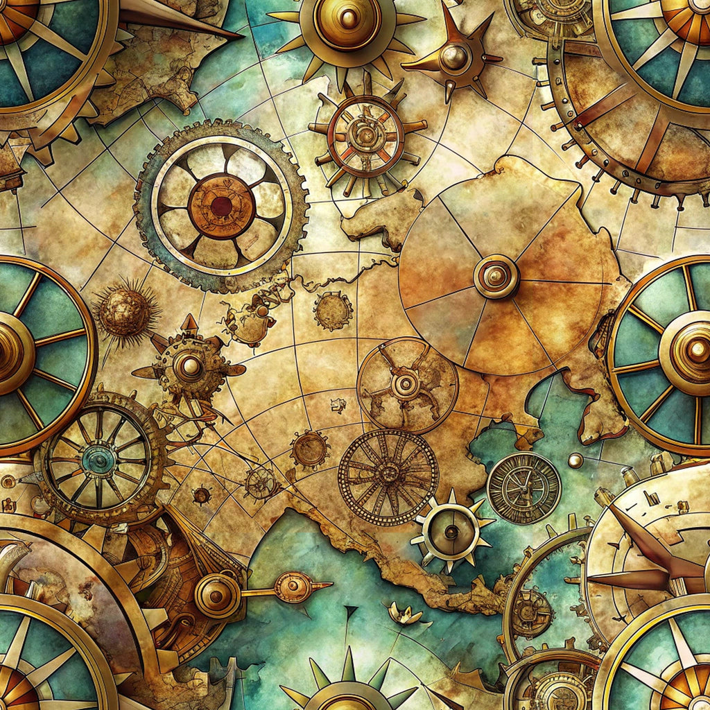 steampunk, vintage maps, brass gears, copper tones, golden brown, teal green, mechanical elements, compass designs, clockwork motifs, nautical wheels, weathered texture, antique style, industrial aesthetic,, fabric panel, adventure theme, explorer motif, aged parchment, maritime elements, geometric patterns