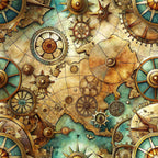 steampunk, vintage maps, brass gears, copper tones, golden brown, teal green, mechanical elements, compass designs, clockwork motifs, nautical wheels, weathered texture, antique style, industrial aesthetic,, fabric panel, adventure theme, explorer motif, aged parchment, maritime elements, geometric patterns