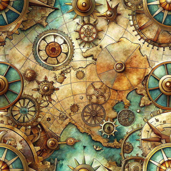 steampunk, vintage maps, brass gears, copper tones, golden brown, teal green, mechanical elements, compass designs, clockwork motifs, nautical wheels, weathered texture, antique style, industrial aesthetic,, fabric panel, adventure theme, explorer motif, aged parchment, maritime elements, geometric patterns