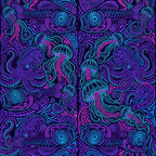 neon purple, neon cyan, neon magenta, neon blue, electric purple, vibrant cyan, dark purple background, jellyfish, octopus, sea creatures, tentacles, underwater, ocean life, marine animals, psychedelic, trippy, abstract, modern, bohemian, whimsical, surreal, fantasy, celestial, glow in the dark aesthetic, decorative swirls, ornamental patterns, bold colors, high contrast, artistic, contemporary
