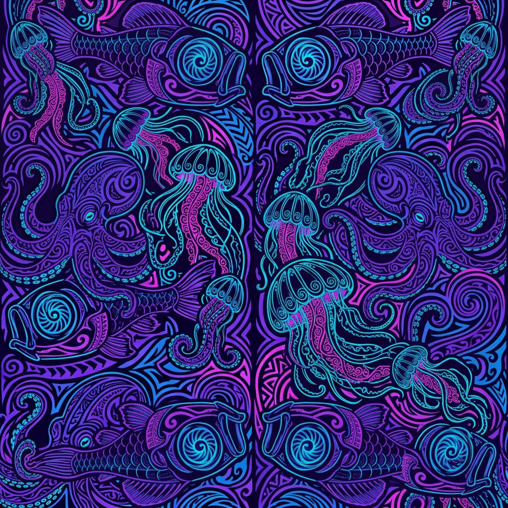 neon purple, neon cyan, neon magenta, neon blue, electric purple, vibrant cyan, dark purple background, jellyfish, octopus, sea creatures, tentacles, underwater, ocean life, marine animals, psychedelic, trippy, abstract, modern, bohemian, whimsical, surreal, fantasy, celestial, glow in the dark aesthetic, decorative swirls, ornamental patterns, bold colors, high contrast, artistic, contemporary