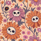 skulls, flowers, daisies, orange, purple, pink, peach, gray, retro pattern, halloween fabric, spooky floral, vintage style,, fabric panel, autumn colors, whimsical skulls, botanical design, repeated motif, crafting material, seasonal pattern