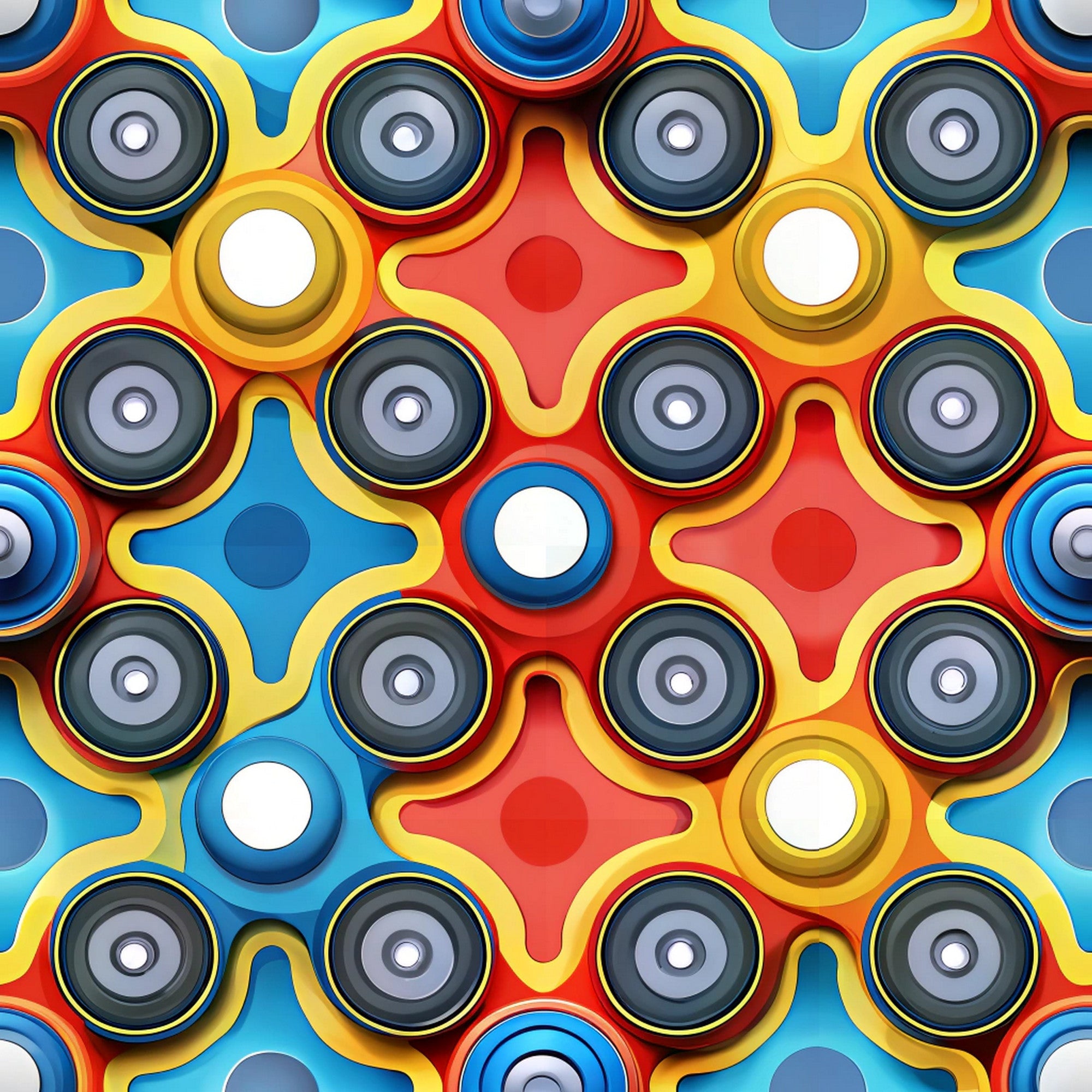 bright colors, fidget spinners, red, blue, yellow, white, gray, geometric pattern, repeating design, modern style, playful motif, circular shapes, spinning toys, vibrant fabric,, fabric panel, contemporary pattern, primary colors, toy theme, seamless repeat