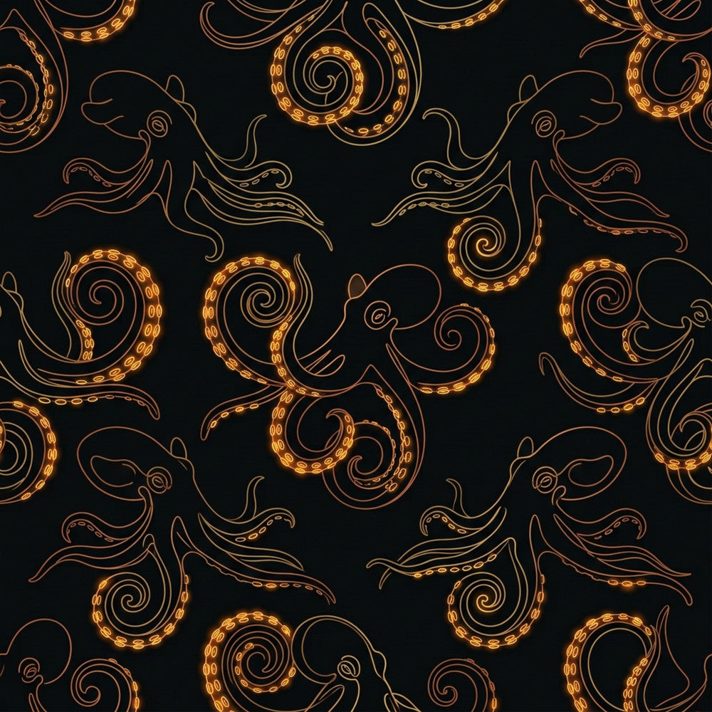 gold octopus, black background, golden yellow, copper orange, glowing lights, octopus tentacles, spiral patterns, nautical theme, sea creatures, ocean animals, whimsical style, glowing neon, steampunk aesthetic, vintage nautical, elegant design, dark background fabric, adventure theme, under the sea, marine life, golden accents, illuminated tentacles, playroom decor, kids room, boy's room, adventurous style, mysterious ocean, deep sea creatures, decorative animals