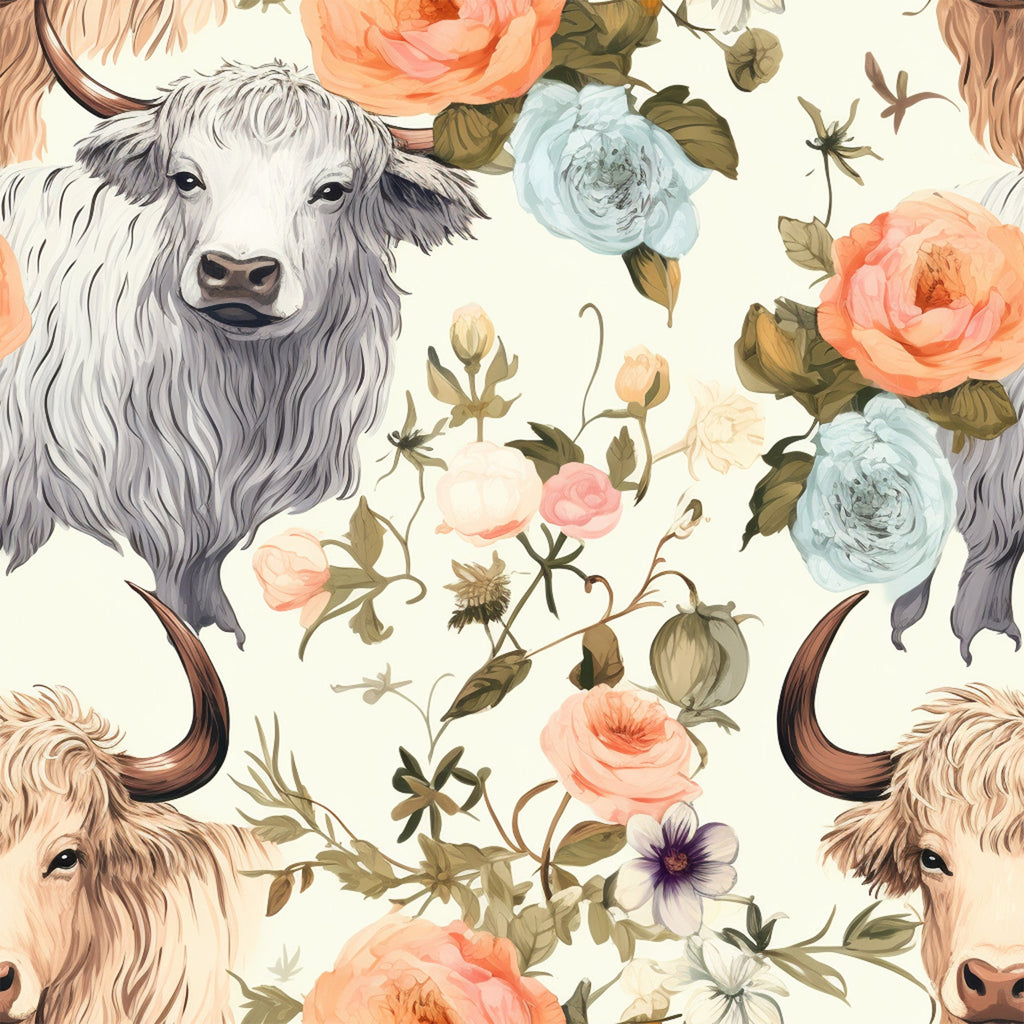 highland cows, vintage floral,, fabric panel, peach roses, blue flowers, cream background, botanical elements, pastoral design, long-haired cattle, horned cows, watercolor style, romantic florals, repeating pattern, soft pastels, country farmhouse, rustic charm, floral motifs, vintage illustration, quilting fabric