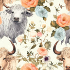 highland cows, vintage floral,, fabric panel, peach roses, blue flowers, cream background, botanical elements, pastoral design, long-haired cattle, horned cows, watercolor style, romantic florals, repeating pattern, soft pastels, country farmhouse, rustic charm, floral motifs, vintage illustration, quilting fabric