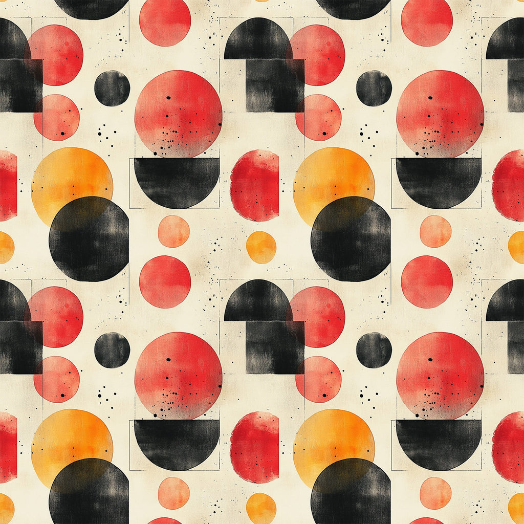 orange, red, black, cream, beige, geometric circles, overlapping shapes, mid century modern, abstract pattern, watercolor texture, retro design, vintage style, minimalist, contemporary,, fabric panel, scattered dots, organic shapes, modernist aesthetic, warm tones
