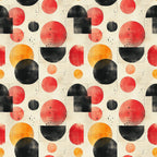orange, red, black, cream, beige, geometric circles, overlapping shapes, mid century modern, abstract pattern, watercolor texture, retro design, vintage style, minimalist, contemporary,, fabric panel, scattered dots, organic shapes, modernist aesthetic, warm tones