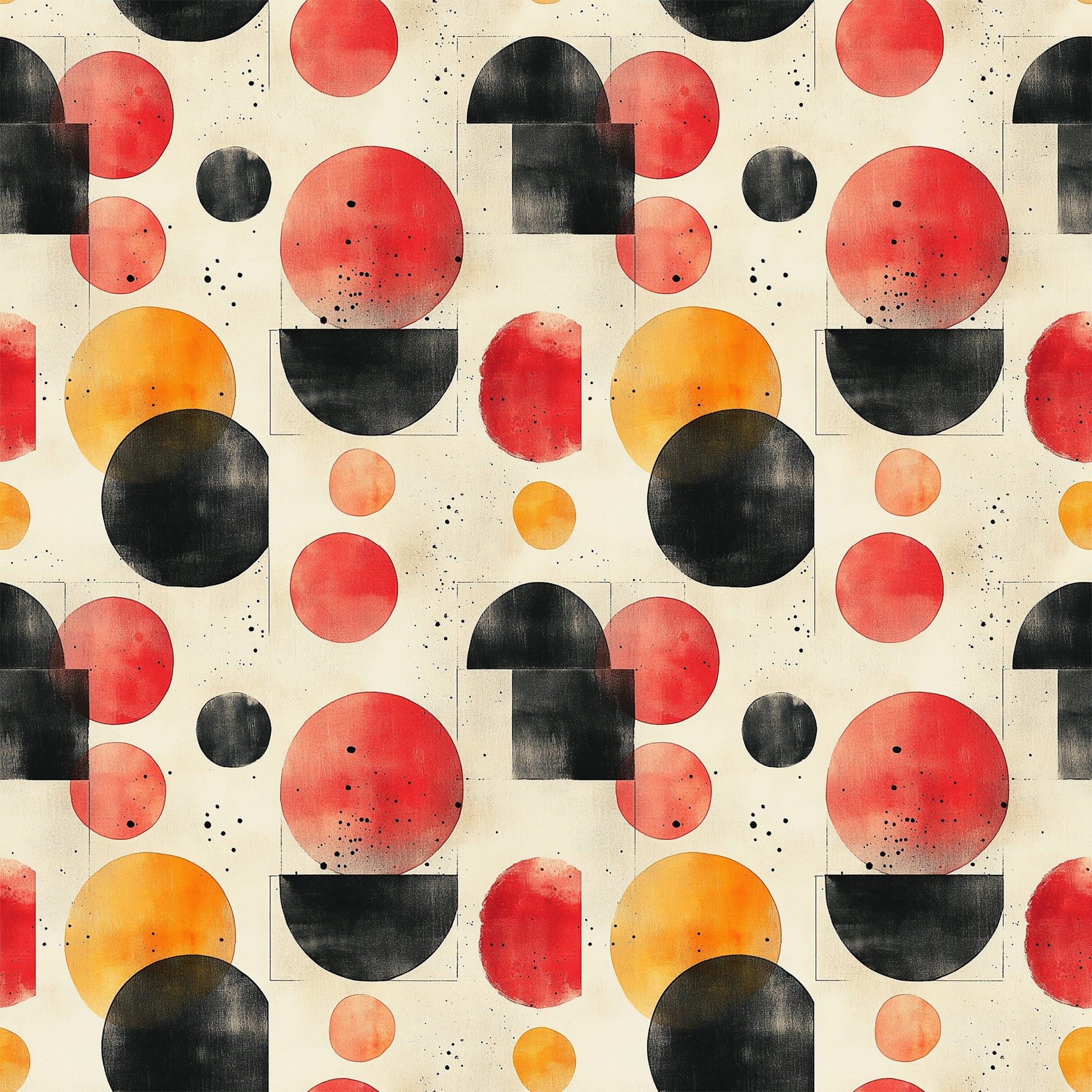 orange, red, black, cream, beige, geometric circles, overlapping shapes, mid century modern, abstract pattern, watercolor texture, retro design, vintage style, minimalist, contemporary,, fabric panel, scattered dots, organic shapes, modernist aesthetic, warm tones