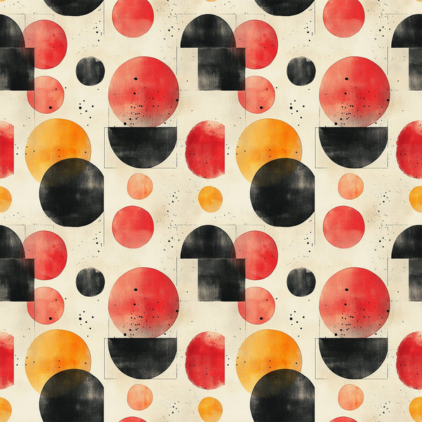 orange, red, black, cream, beige, geometric circles, overlapping shapes, mid century modern, abstract pattern, watercolor texture, retro design, vintage style, minimalist, contemporary,, fabric panel, scattered dots, organic shapes, modernist aesthetic, warm tones