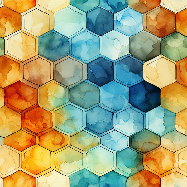 watercolor, honeycomb pattern, geometric hexagons, orange, blue, teal, amber, navy, sage green, cream, beige, coral, aqua,, fabric panel, watercolor wash, organic texture, hexagonal cells, gradient colors, contemporary design, modern geometric