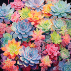 succulent flowers, colorful succulents, pastel pink, coral orange, soft blue, sage green, yellow, gradient ombre, floral pattern, botanical, nature theme, whimsical style, modern botanical, vibrant colors, spring, summer, garden theme, plant lover, dahlia flowers, layered petals, artistic illustration, watercolor style, bohemian, cheerful, playroom, kids room, nursery, home decor, contemporary floral