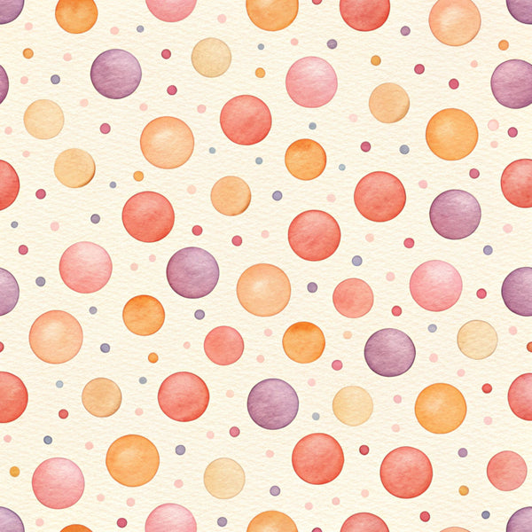 coral pink, dusty rose, mauve, lavender, peach, apricot, cream, polka dots, circles, bubble pattern, playful, whimsical, modern, cheerful, contemporary, spring, summer, nursery, kids room, playroom, baby shower, toddler, soft colors, pastel, watercolor, abstract, fun, cute, gender neutral, colorful