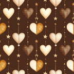 chocolate brown, cream, ivory, golden brown, rust, heart pattern, stars, hanging ornaments, whimsical, rustic, vintage, celestial, romantic, love theme, stitched hearts, beaded details, nursery, baby room, kids room, baby shower, gender neutral, love motif, decorative hearts, sweet dreams, warm tones, cozy, charming, dreamy