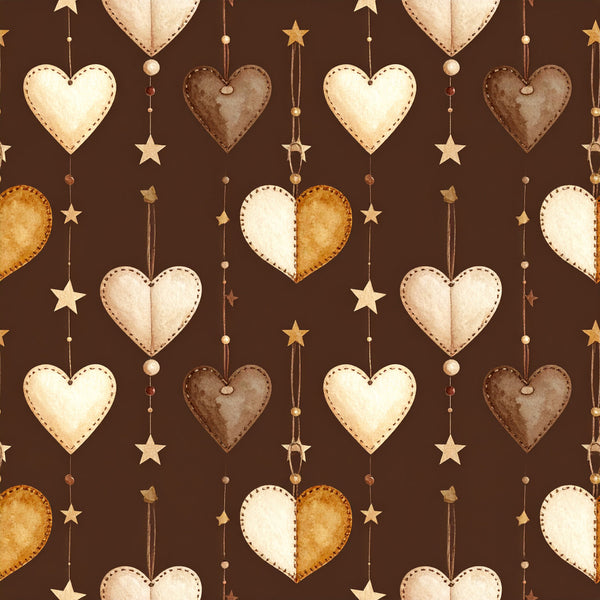 chocolate brown, cream, ivory, golden brown, rust, heart pattern, stars, hanging ornaments, whimsical, rustic, vintage, celestial, romantic, love theme, stitched hearts, beaded details, nursery, baby room, kids room, baby shower, gender neutral, love motif, decorative hearts, sweet dreams, warm tones, cozy, charming, dreamy