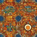 mosaic pattern, stained glass, geometric design, orange, red, brown, blue, green, yellow, warm colors, autumn tones, tessellated, abstract art,, fabric panel, earthy palette, circular motifs, artistic blocks, contemporary style, vibrant colors