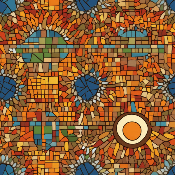 mosaic pattern, stained glass, geometric design, orange, red, brown, blue, green, yellow, warm colors, autumn tones, tessellated, abstract art,, fabric panel, earthy palette, circular motifs, artistic blocks, contemporary style, vibrant colors