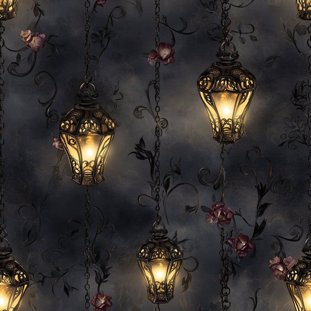 charcoal gray, gold, dusty rose, dark gray, ornate lanterns, hanging lanterns, floral, Victorian, gothic, elegant, vintage, romantic, dark academia, moody, decorative chains, roses, botanical, luxury, dramatic, twilight, evening, nursery, blanket, throw, whimsical, ornamental, antique, sophisticated, dark romance