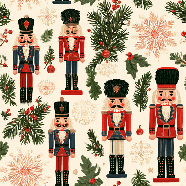 nutcracker, christmas, holiday, festive, traditional, whimsical, vintage, forest green, red, cream, gold accents, evergreen, pine branches, snowflakes, ornaments, baubles, nutcracker soldiers, toy soldiers, holly, berries, winter, seasonal, children's, kids room, playroom, nursery, festive decor, nostalgic, classic holiday, red and green