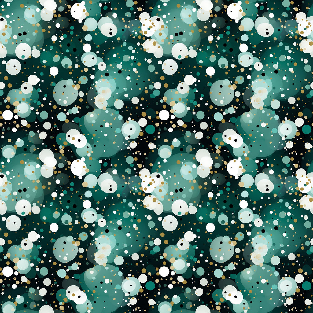 green, teal, white, gold, black, confetti pattern, polka dots, circles, scattered dots, geometric design, festive, celebratory,, fabric panel, modern pattern, abstract design, party theme, bubbly pattern, dotted fabric, contemporary style