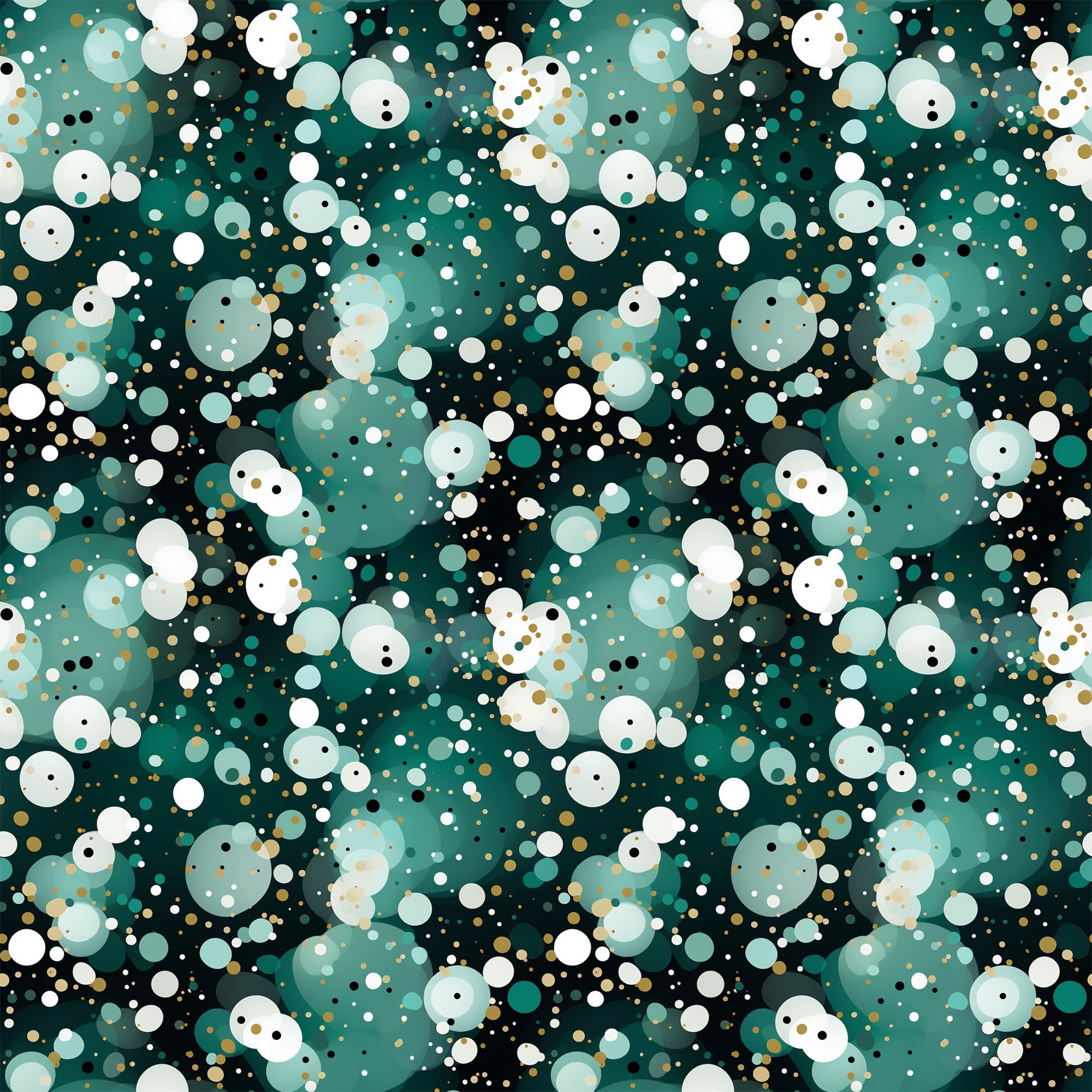 green, teal, white, gold, black, confetti pattern, polka dots, circles, scattered dots, geometric design, festive, celebratory,, fabric panel, modern pattern, abstract design, party theme, bubbly pattern, dotted fabric, contemporary style