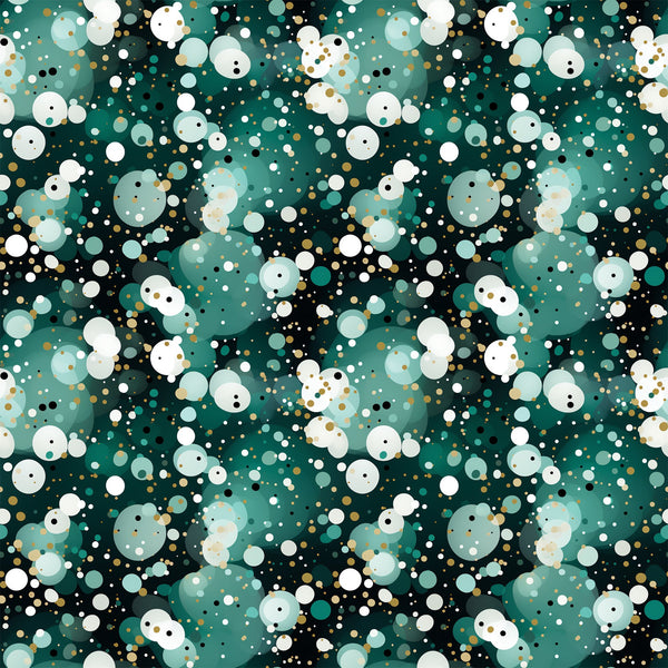 green, teal, white, gold, black, confetti pattern, polka dots, circles, scattered dots, geometric design, festive, celebratory,, fabric panel, modern pattern, abstract design, party theme, bubbly pattern, dotted fabric, contemporary style