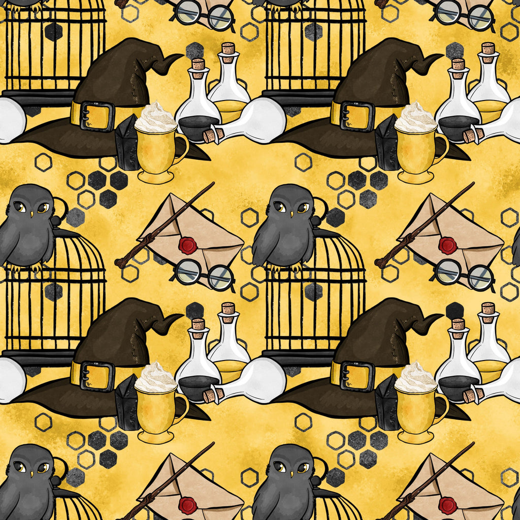 yellow background, golden yellow, wizard hat, owl, birdcage, potion bottles, magic wand, letter envelope, round glasses, honeycomb pattern, butterbeer mug,, fabric panel, magic school, wizarding theme, repeating pattern, cartoon style, whimsical design, black accents, cream colored bottles